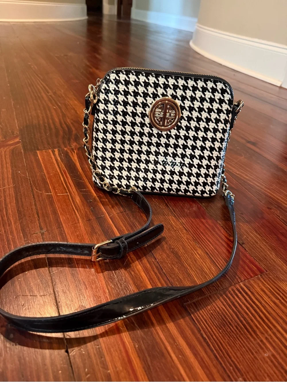 Houndstooth Crossbody Bag with Gold Accent